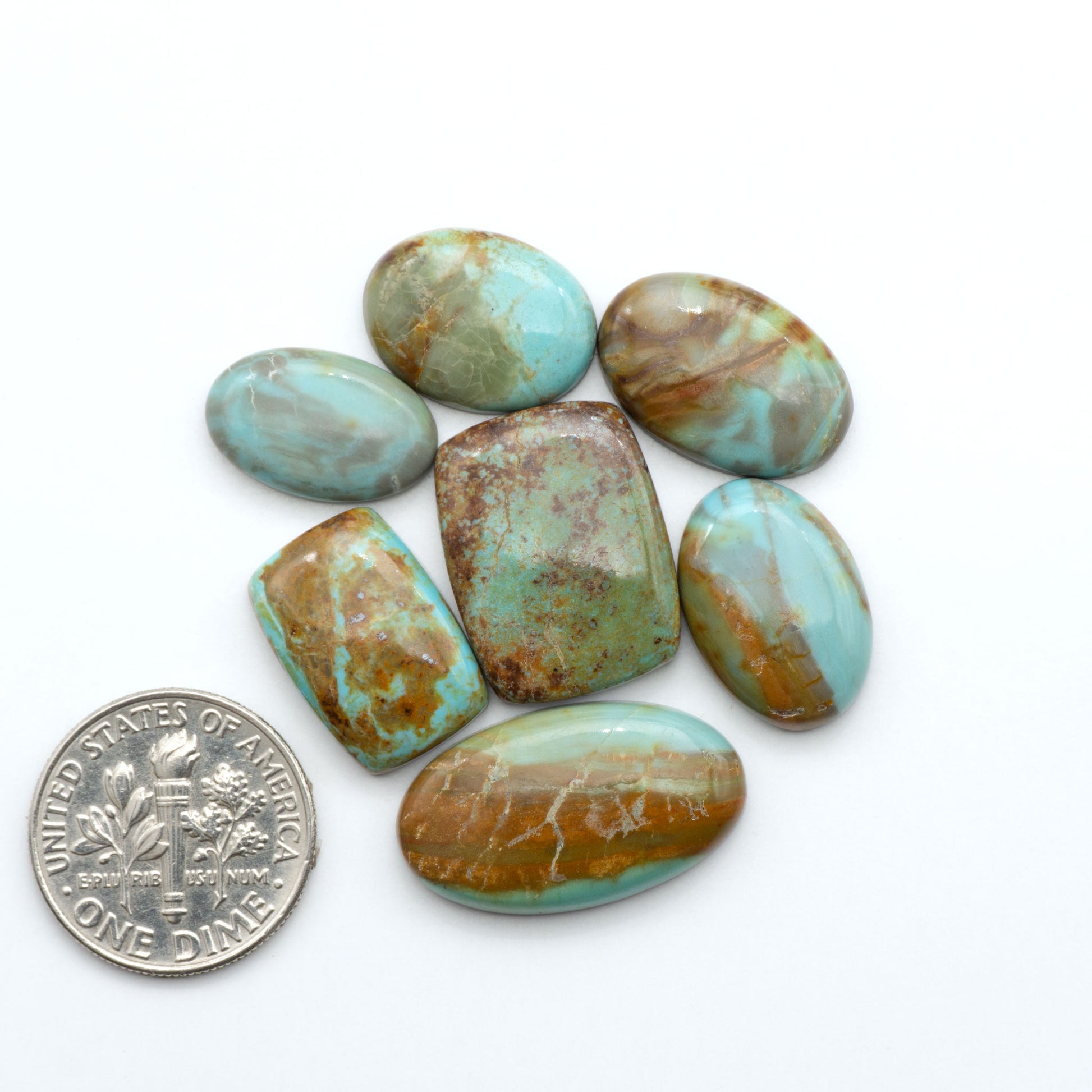 Number 8 Turquoise cabochons, blue and green color with brown matrix, polished stones on a white background, with a US dime for scale