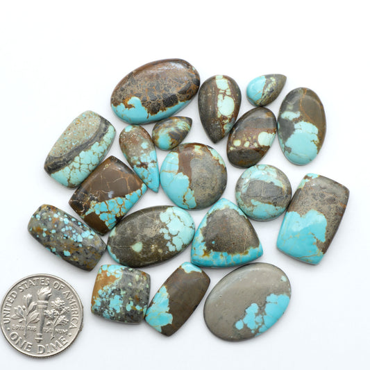 Number 8 Turquoise cabochons, blue and green color with brown matrix, polished stones on a white background, with a US dime for scale