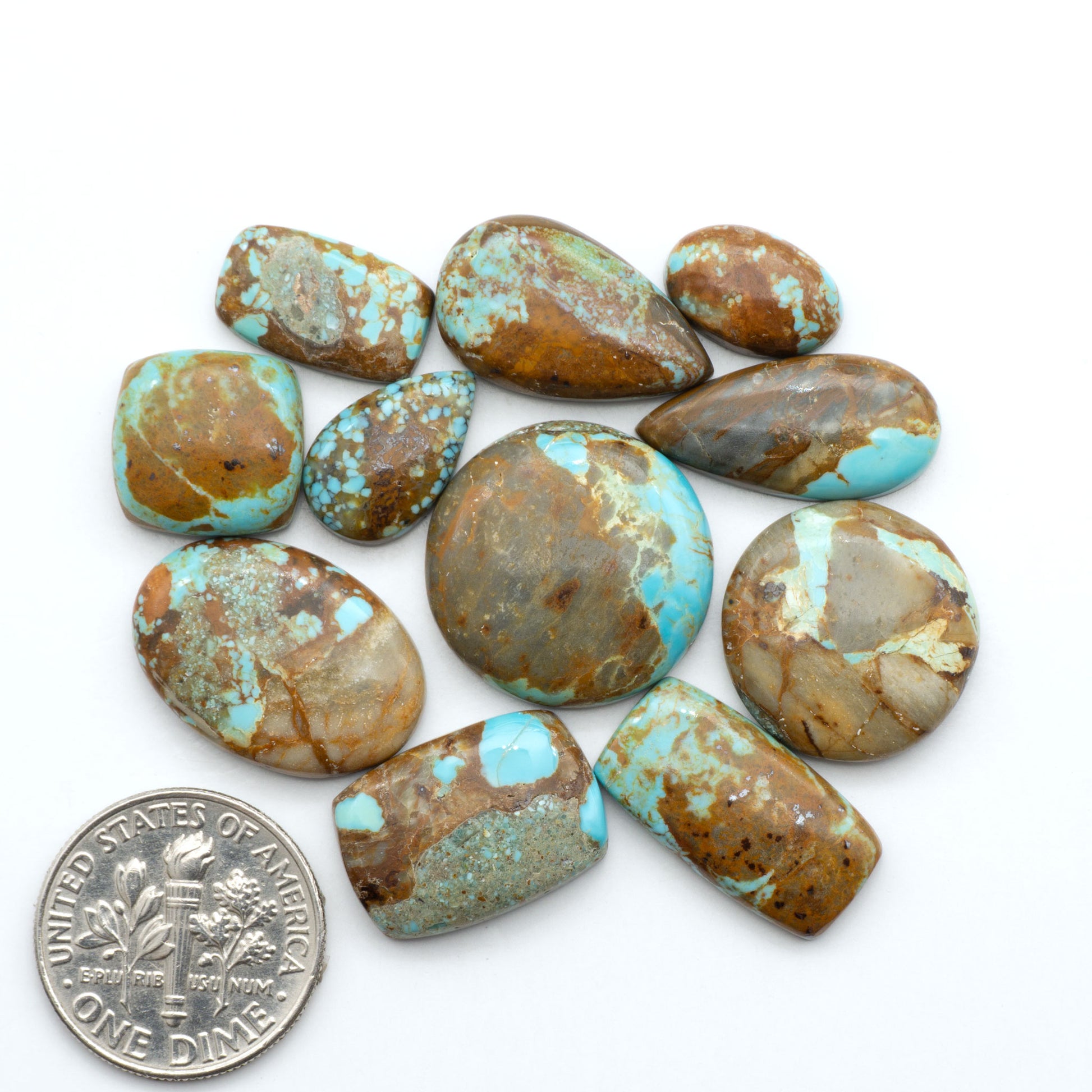 Number 8 Turquoise cabochons, blue and green color with brown matrix, polished stones on a white background, with a US dime for scale