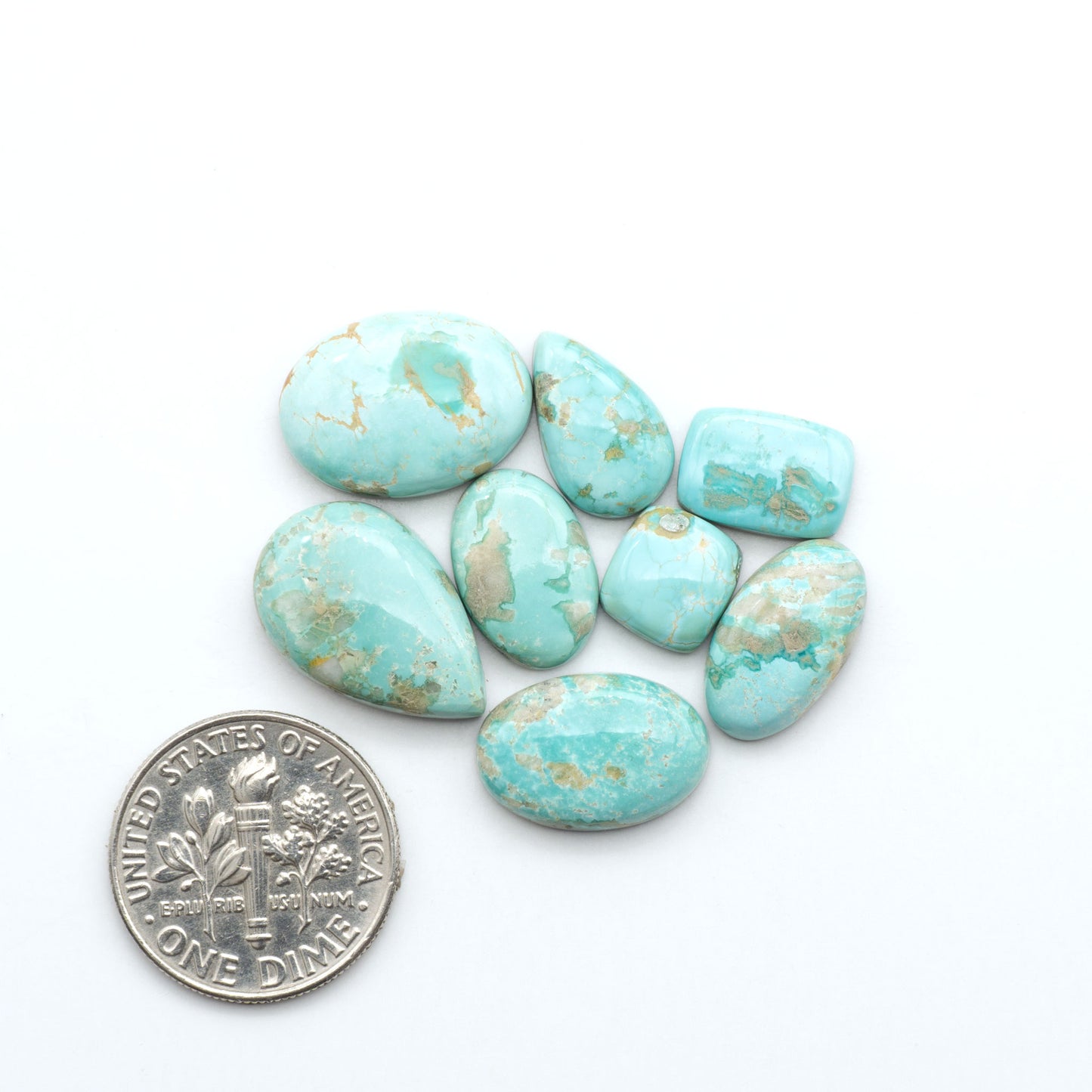 Fox Turquoise cabochons, polished gemstones with natural matrix on a white background, with a US dime for scale