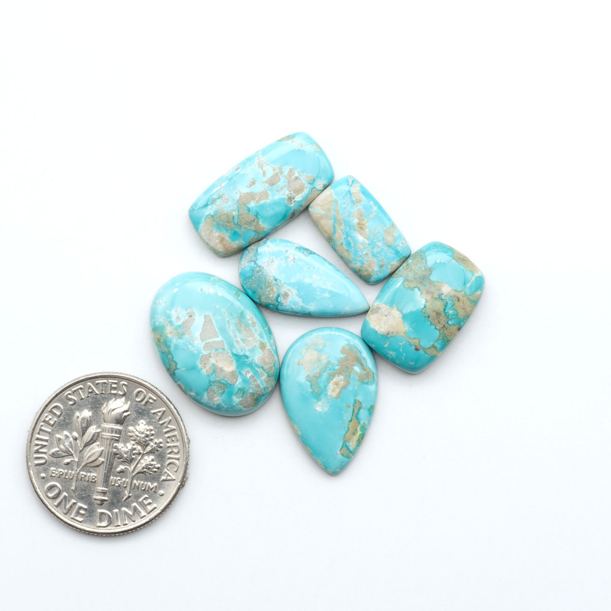 Fox Turquoise cabochons, polished gemstones with natural matrix on a white background, with a US dime for scale