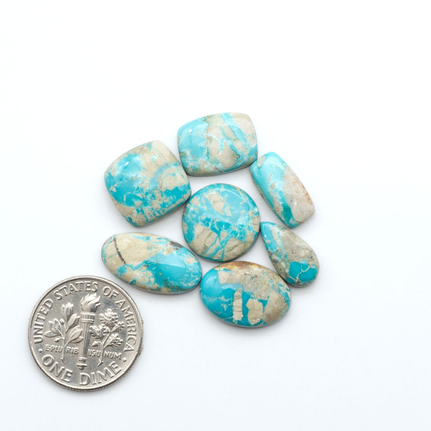 Fox Turquoise cabochons, polished gemstones with natural matrix on a white background, with a US dime for scale