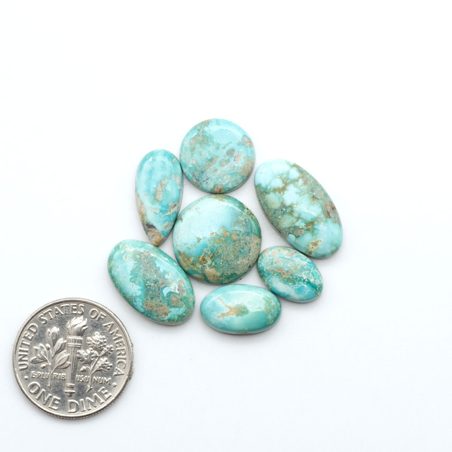 Fox Turquoise cabochons, polished gemstones with natural matrix on a white background, with a US dime for scale