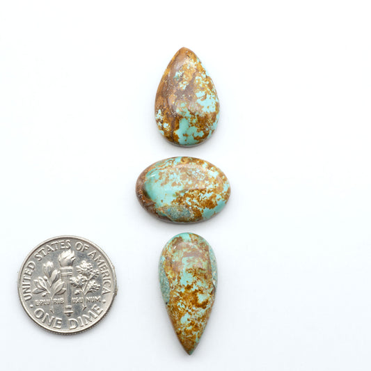 Royston Turquoise cabochons, blue-green color with natural matrix, polished stones on a white background, with a US dime for scale