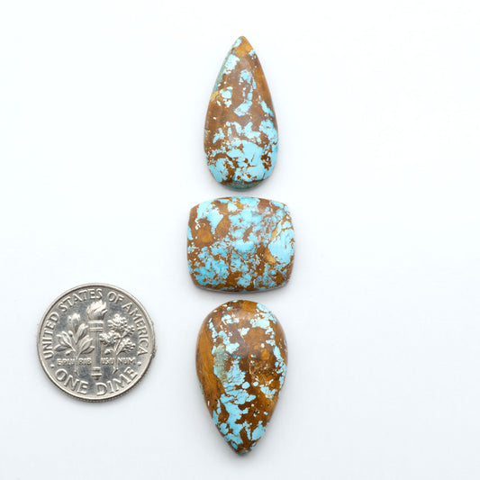 Royston Turquoise cabochons, blue-green color with natural matrix, polished stones on a white background, with a US dime for scale