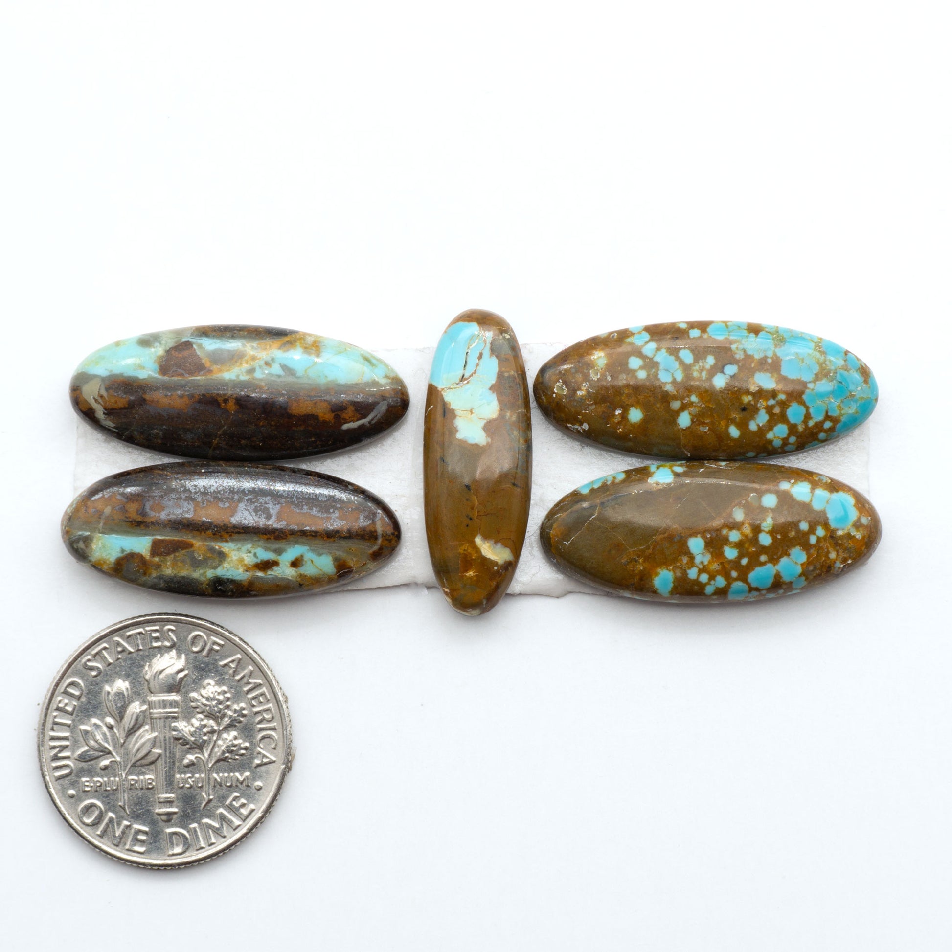 Number 8 Turquoise cabochons, blue and green color with brown matrix, polished stones on a white background, with a US dime for scale
