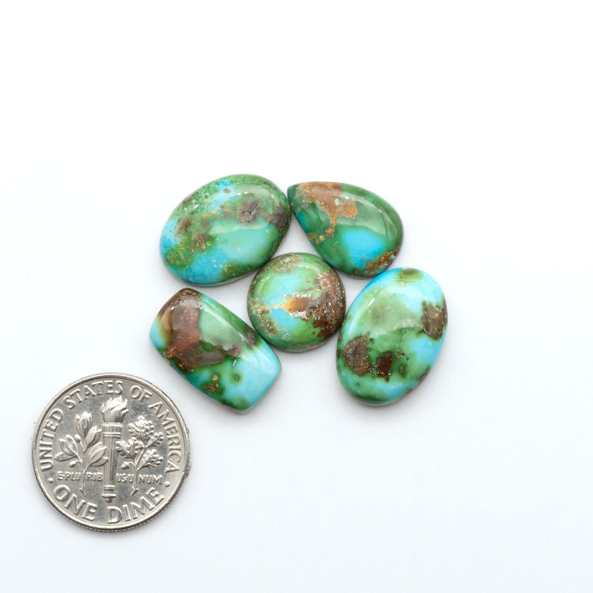 Sonoran Mountain Turquoise cabochons, blue-green color with natural matrix, polished stones on a white background, with a US dime for scale