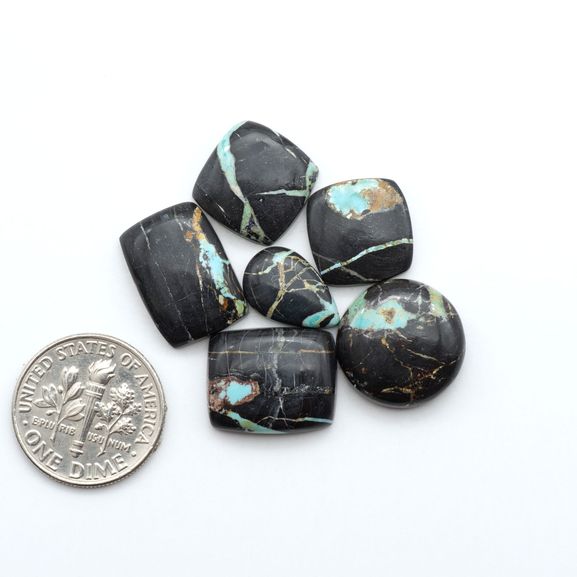 Black Jack turquoise cabochons, blue-green color with black matrix, polished stones on a white background with a US dime for scale