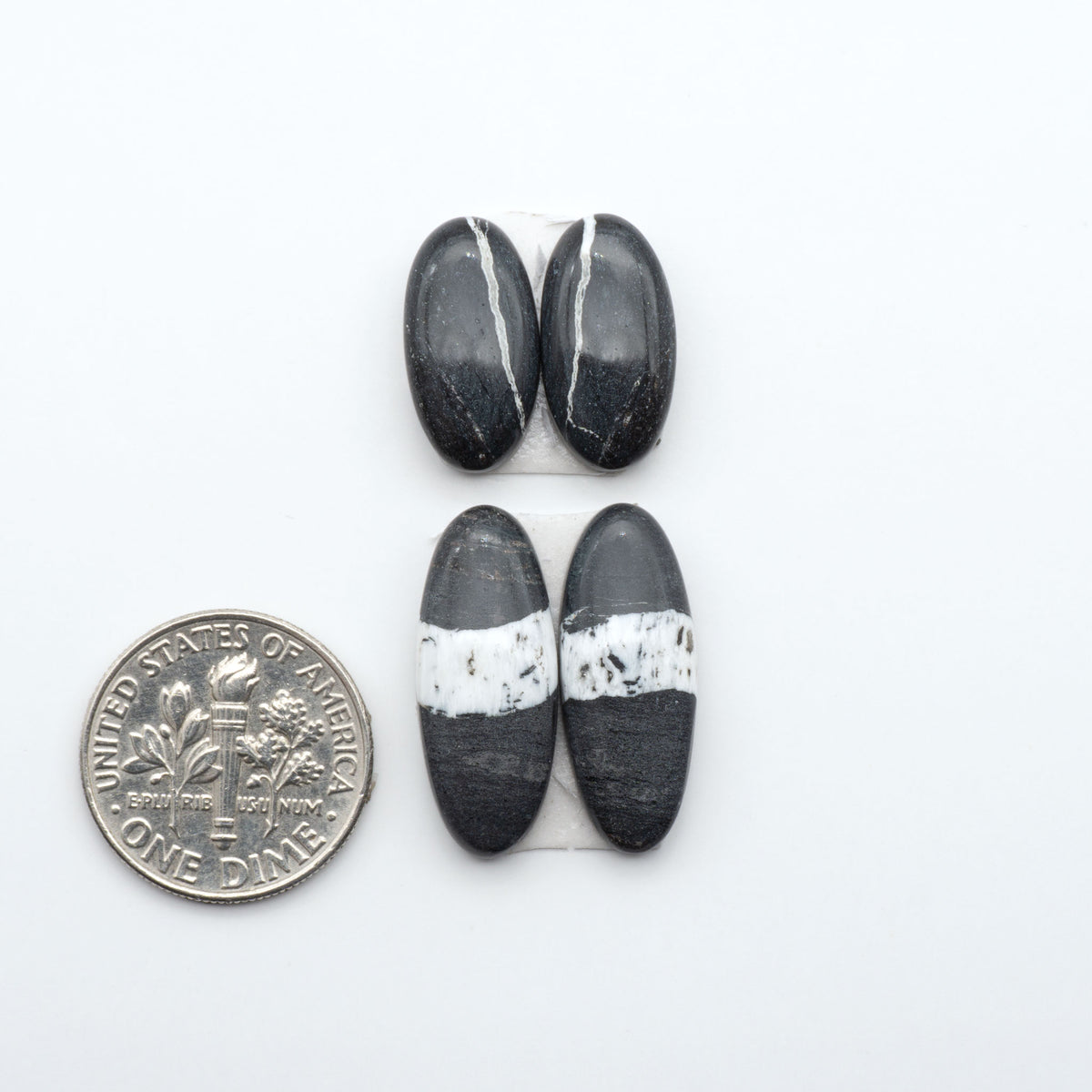 White Buffalo stone cabochons, white stone with black matrix, polished stones on a white background, with a US dime for scale