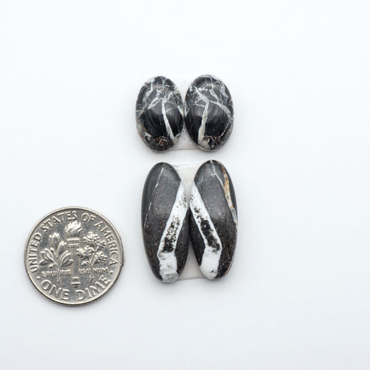 White Buffalo stone cabochons, white stone with black matrix, polished stones on a white background, with a US dime for scale