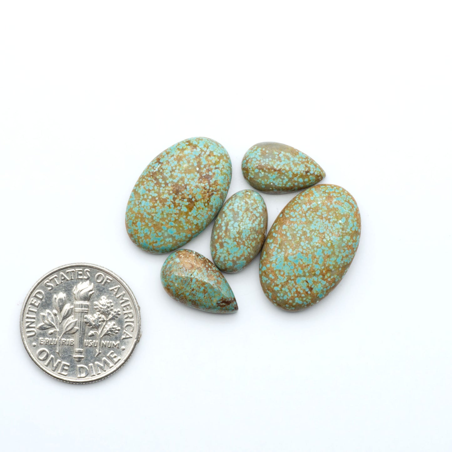 Number 8 Turquoise cabochons, blue and green color with brown matrix, polished stones on a white background, with a US dime for scale