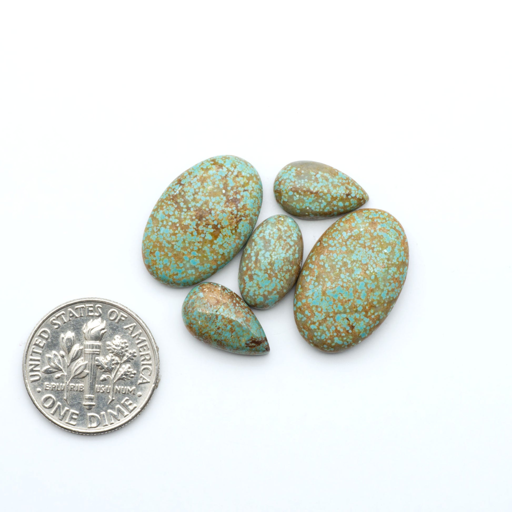 Number 8 Turquoise cabochons, blue and green color with brown matrix, polished stones on a white background, with a US dime for scale