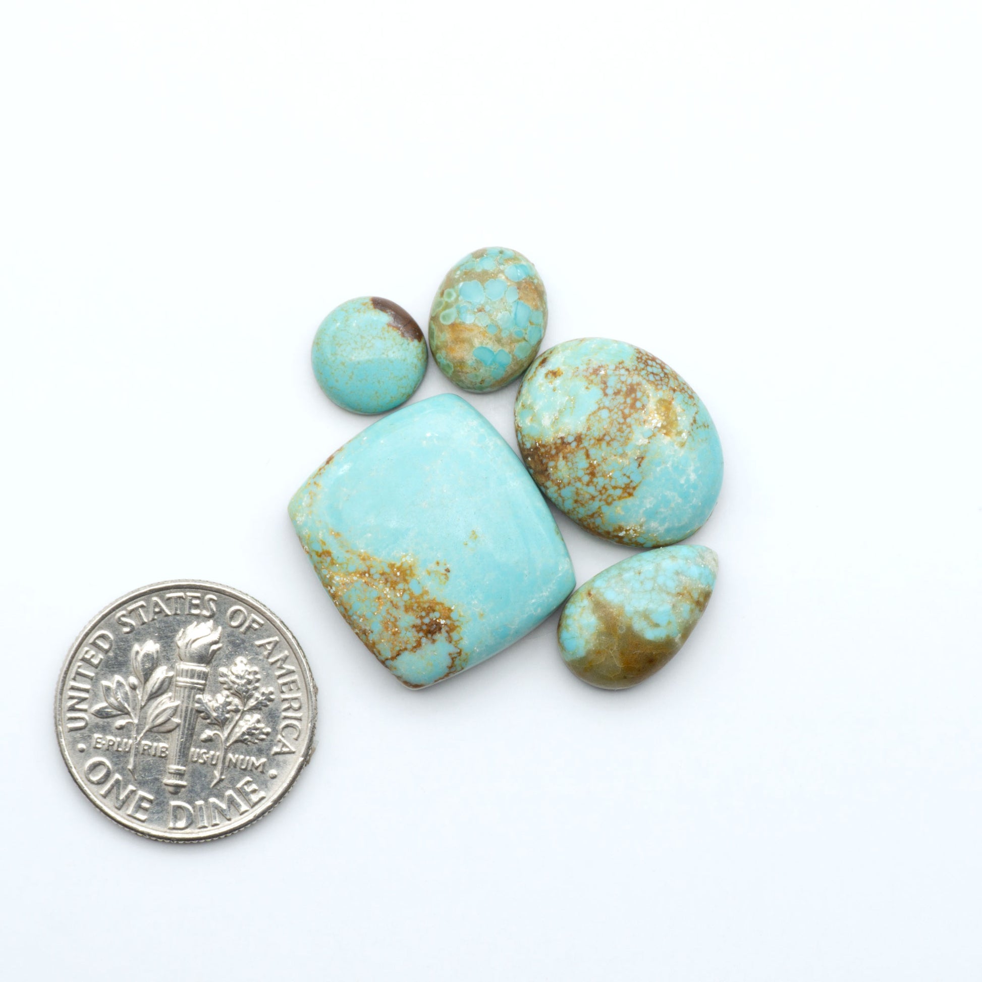 Number 8 Turquoise cabochons, blue and green color with brown matrix, polished stones on a white background, with a US dime for scale