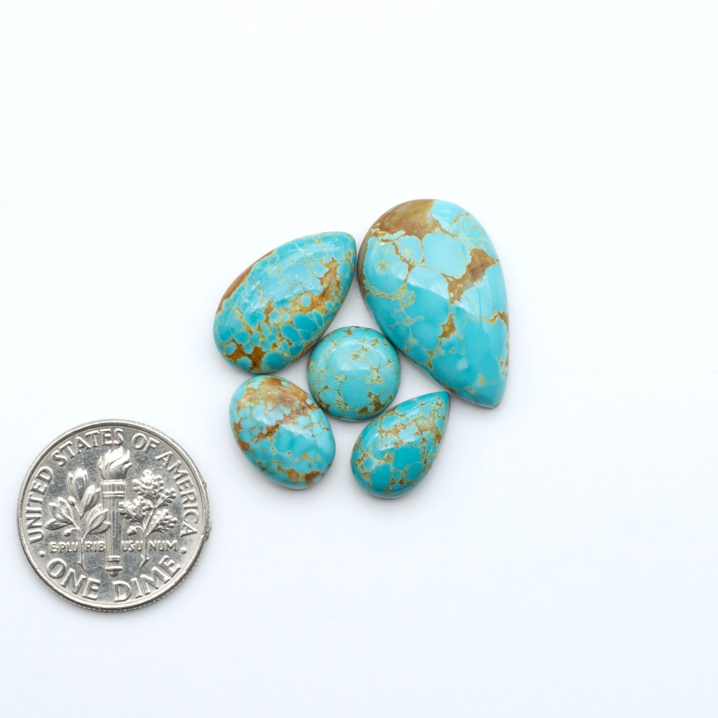 Number 8 Turquoise cabochons, blue and green color with brown matrix, polished stones on a white background, with a US dime for scale