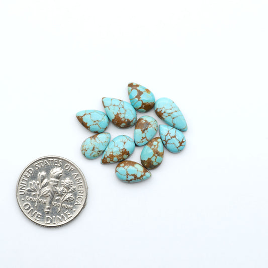 Number 8 Turquoise cabochons, blue and green color with brown matrix, polished stones on a white background, with a US dime for scale