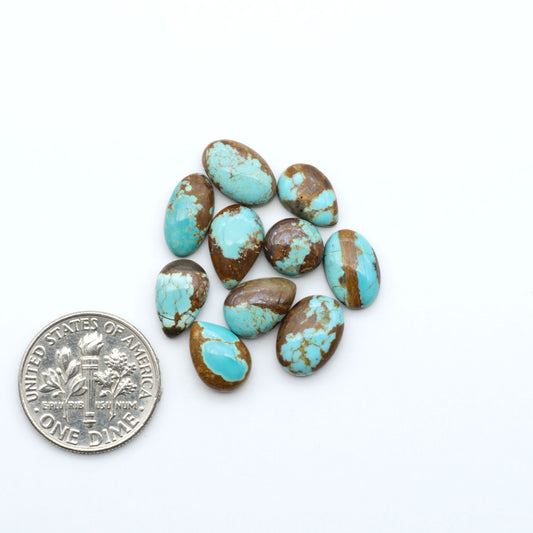 Number 8 Turquoise cabochons, blue and green color with brown matrix, polished stones on a white background, with a US dime for scale