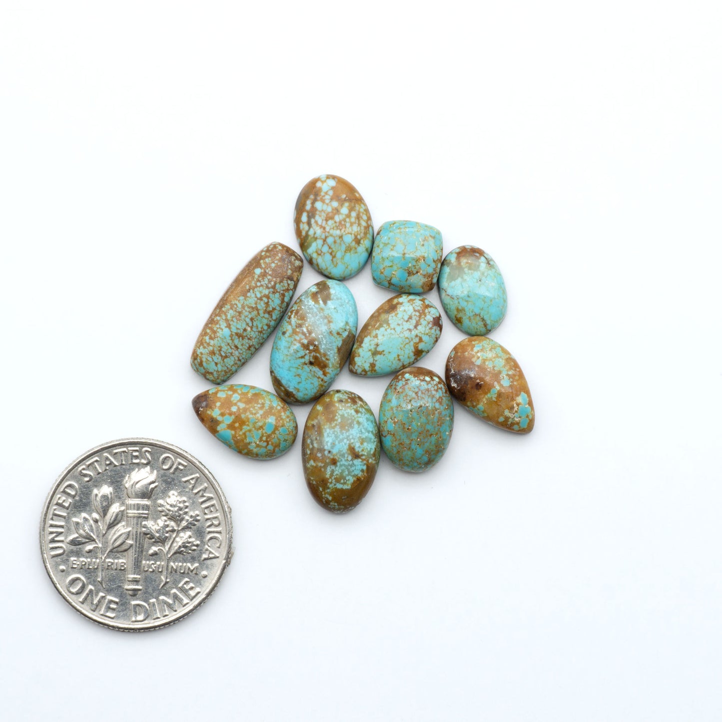 Number 8 Turquoise cabochons, blue and green color with brown matrix, polished stones on a white background, with a US dime for scale