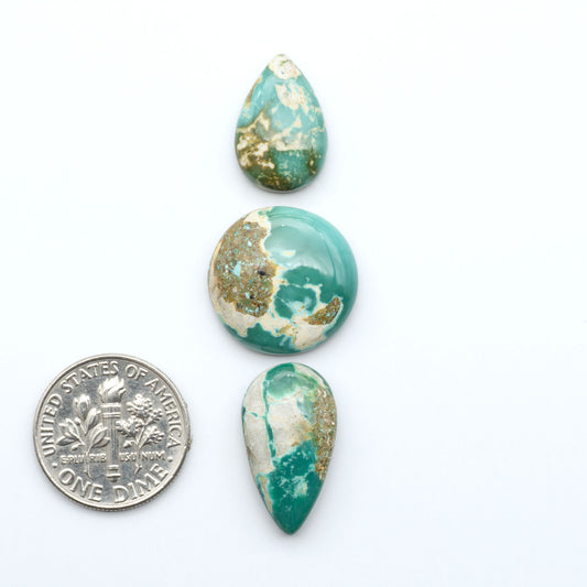 Royston Turquoise cabochons, blue-green color with natural matrix, polished stones on a white background, with a US dime for scale