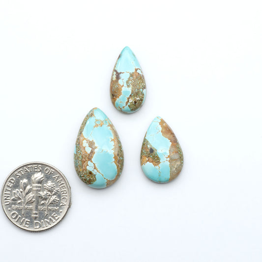 Royston Turquoise cabochons, blue-green color with natural matrix, polished stones on a white background, with a US dime for scale