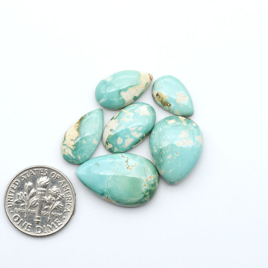 Royston Turquoise cabochons, blue-green color with natural matrix, polished stones on a white background, with a US dime for scale