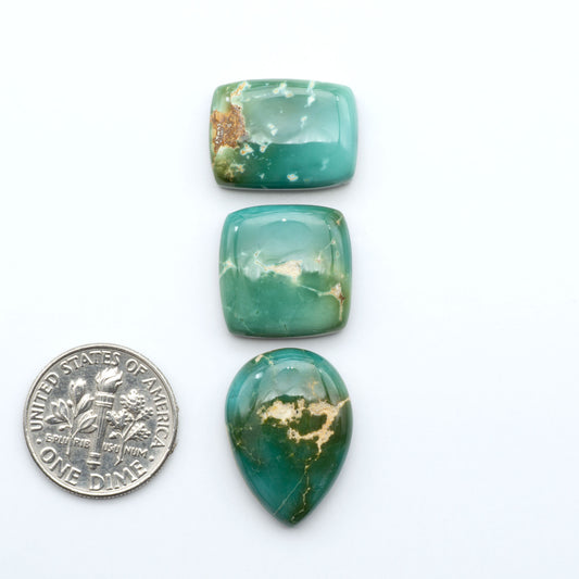 Royston Turquoise cabochons, blue-green color with natural matrix, polished stones on a white background, with a US dime for scale
