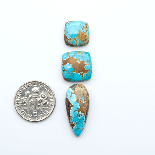 Royston Turquoise cabochons, blue-green color with natural matrix, polished stones on a white background, with a US dime for scale