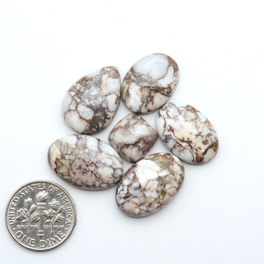 Wild Horse Magnesite cabochons, white gemstones with brown matrix on a white background, with a US dime for scale