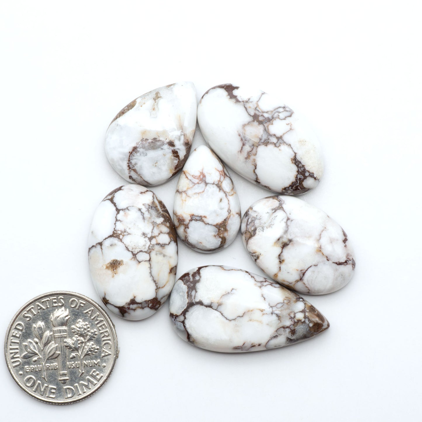 Wild Horse Magnesite cabochons, white gemstones with brown matrix on a white background, with a US dime for scale