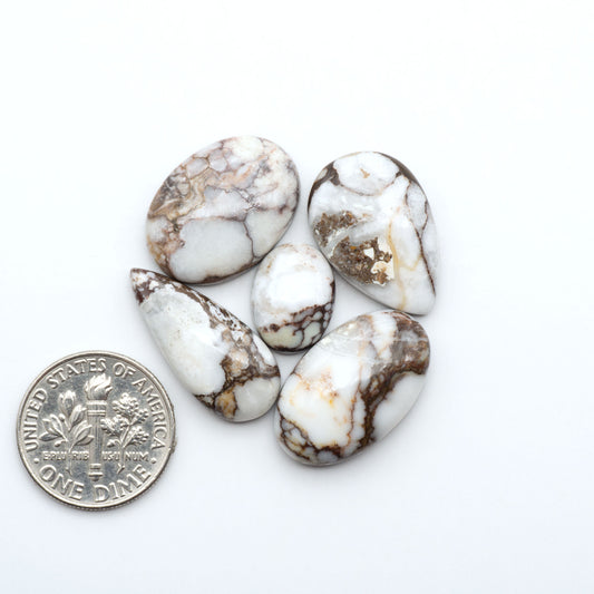 Wild Horse Magnesite cabochons, white gemstones with brown matrix on a white background, with a US dime for scale