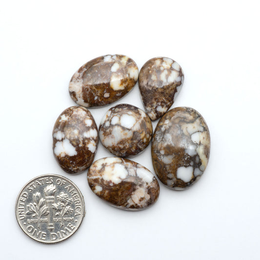 Wild Horse Magnesite cabochons, white gemstones with brown matrix on a white background, with a US dime for scale