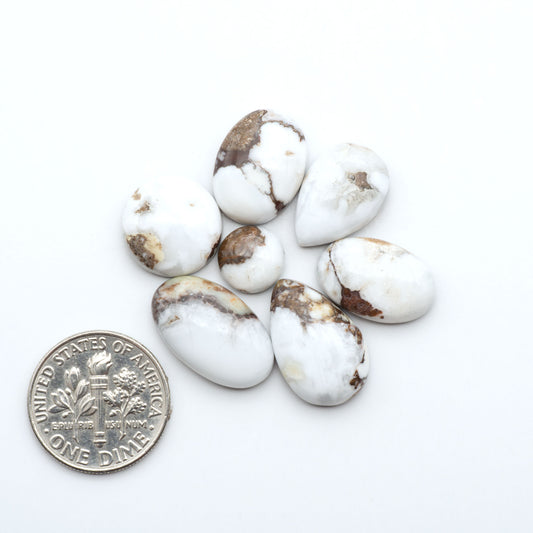 Wild Horse Magnesite cabochons, white gemstones with brown matrix on a white background, with a US dime for scale