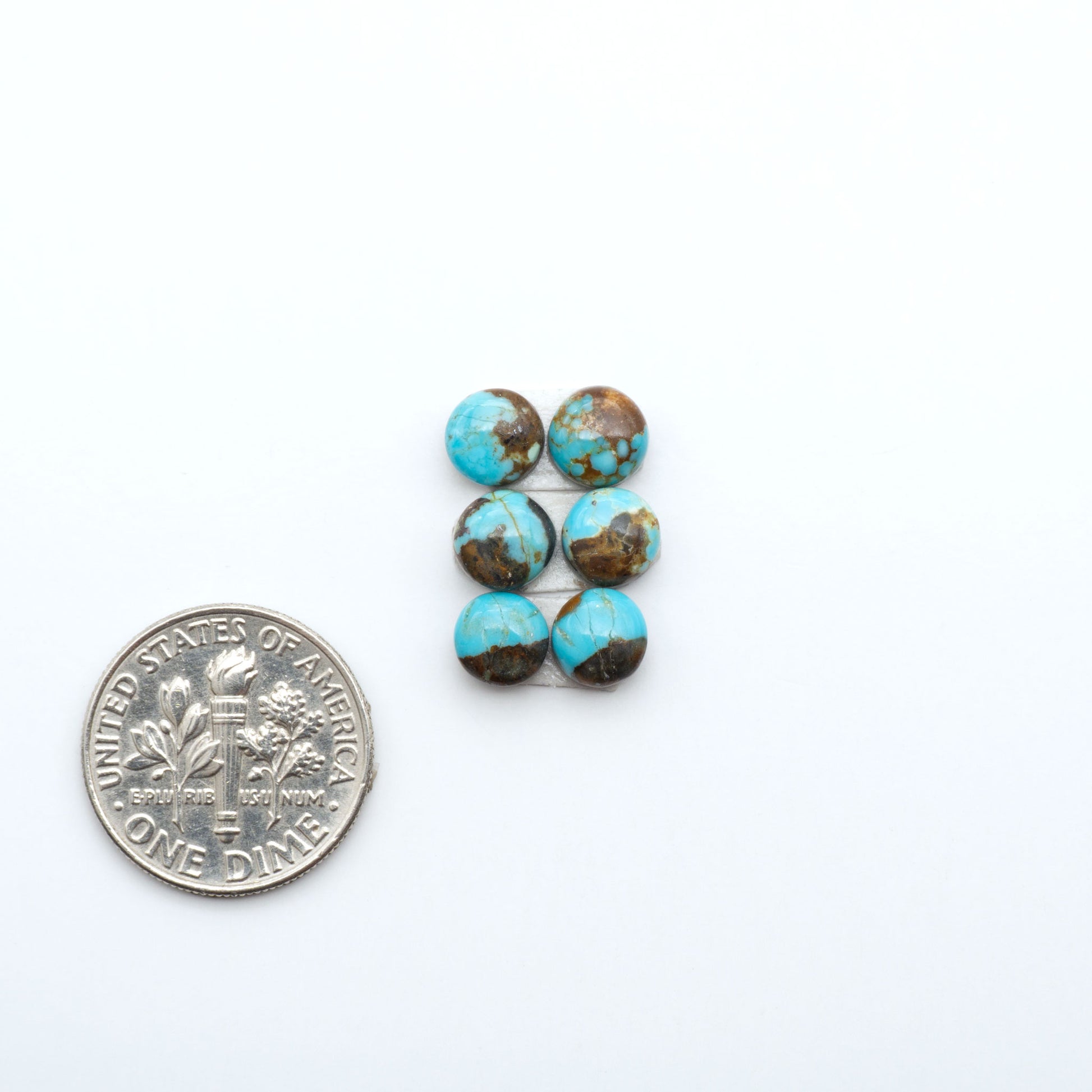 Number 8 Turquoise cabochons, blue and green color with brown matrix, polished stones on a white background, with a US dime for scale