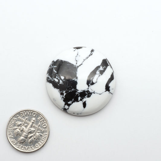 White Buffalo composite cabochons, black and white gemstones on a white background with a US dime for scale