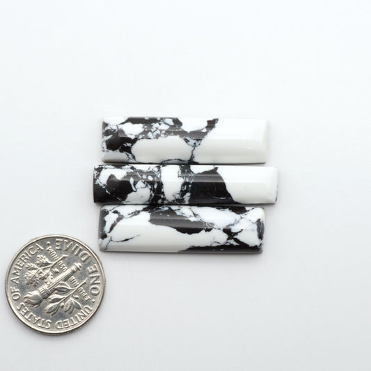 White Buffalo composite cabochons, black and white gemstones on a white background with a US dime for scale