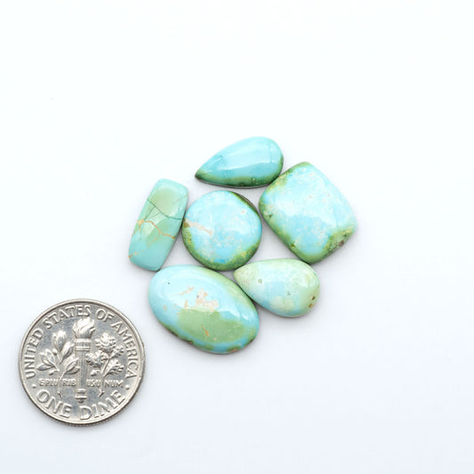Sonoran Mountain Turquoise cabochons, blue-green color with natural matrix, polished stones on a white background, with a US dime for scale
