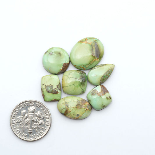 Sonoran Mountain Turquoise cabochons, blue-green color with natural matrix, polished stones on a white background, with a US dime for scale