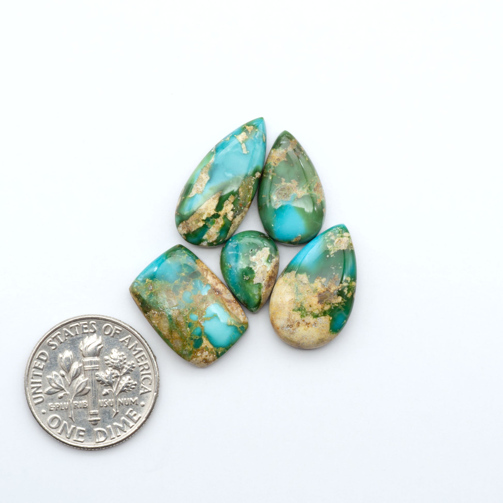 Sonoran Mountain Turquoise cabochons, blue-green color with natural matrix, polished stones on a white background, with a US dime for scale