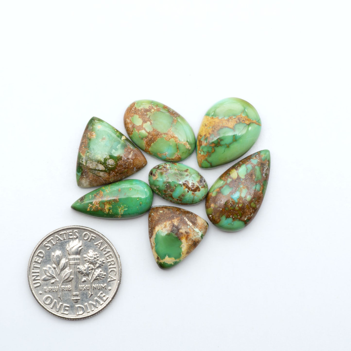 Sonoran Mountain Turquoise cabochons, blue-green color with natural matrix, polished stones on a white background, with a US dime for scale