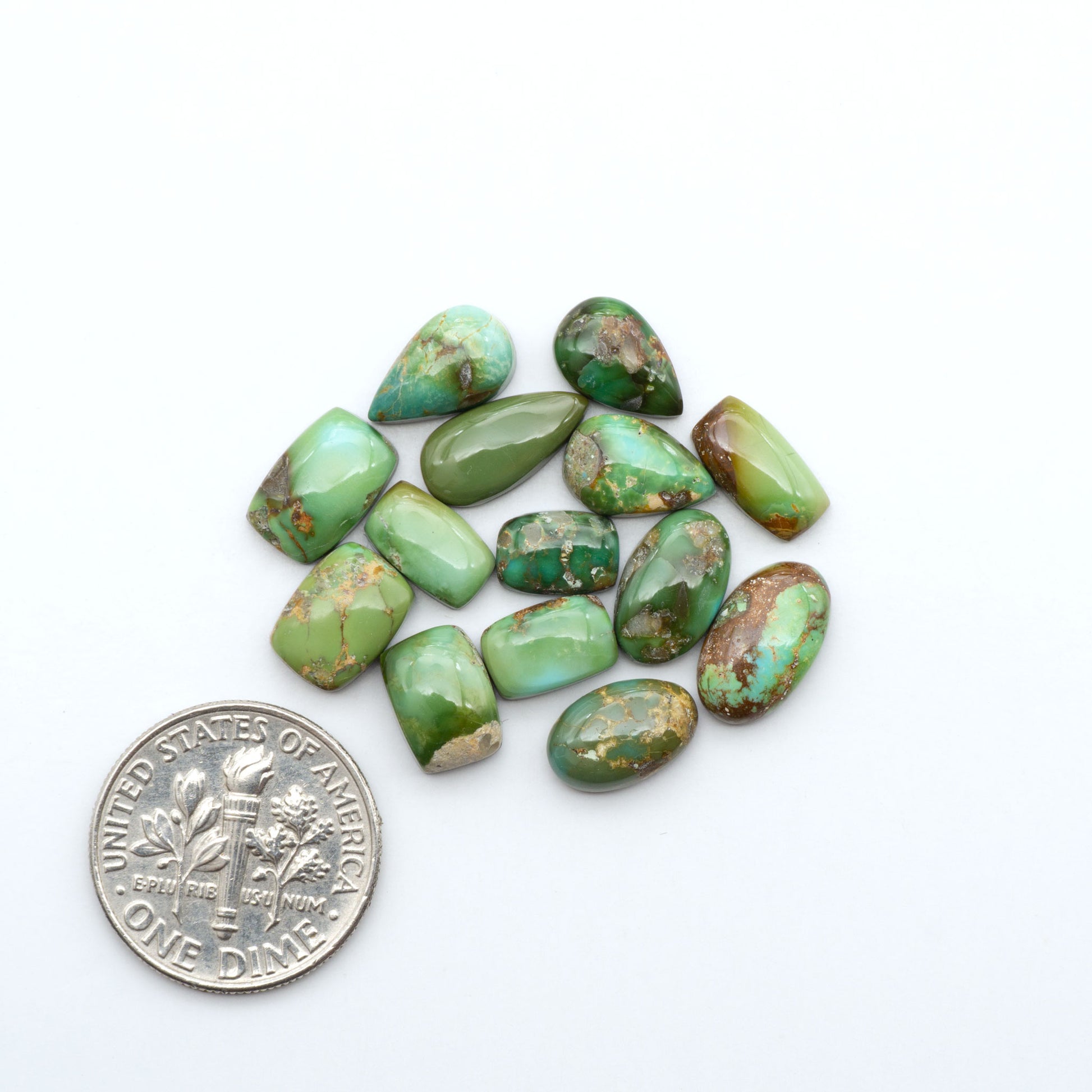 Sonoran Mountain Turquoise cabochons, blue-green color with natural matrix, polished stones on a white background, with a US dime for scale