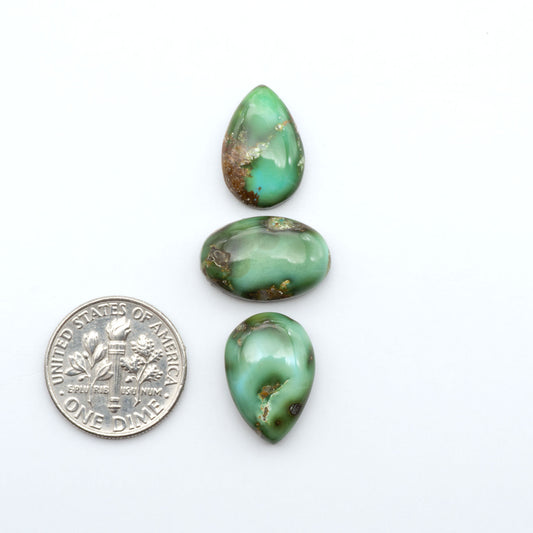 Sonoran Mountain Turquoise cabochons, blue-green color with natural matrix, polished stones on a white background, with a US dime for scale