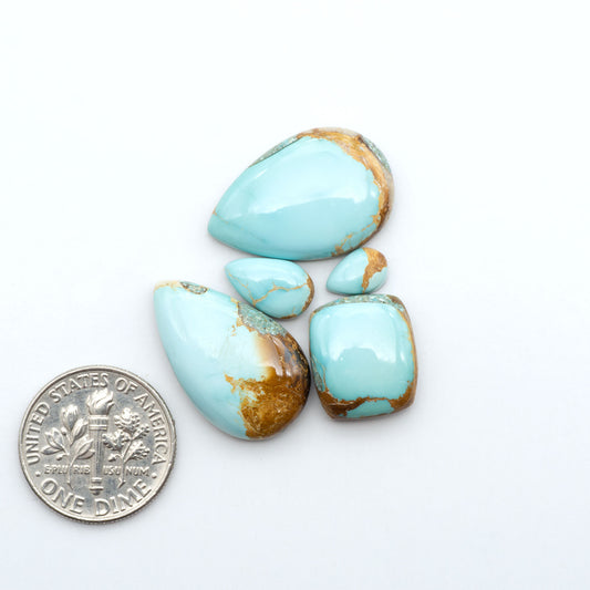 Royston Turquoise cabochons, blue-green color with natural matrix, polished stones on a white background, with a US dime for scale