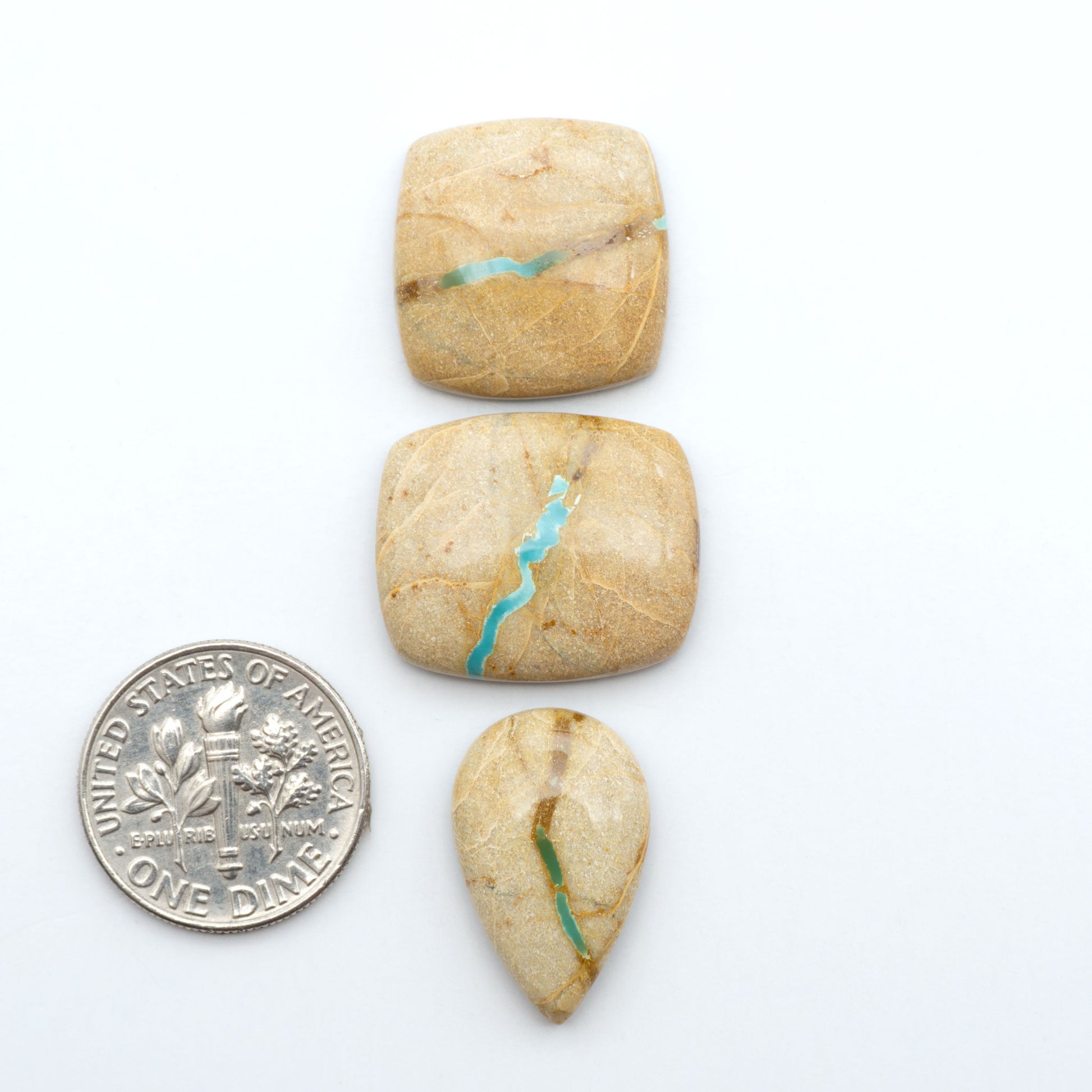 Royston Turquoise cabochons, blue-green color with natural matrix, polished stones on a white background, with a US dime for scale