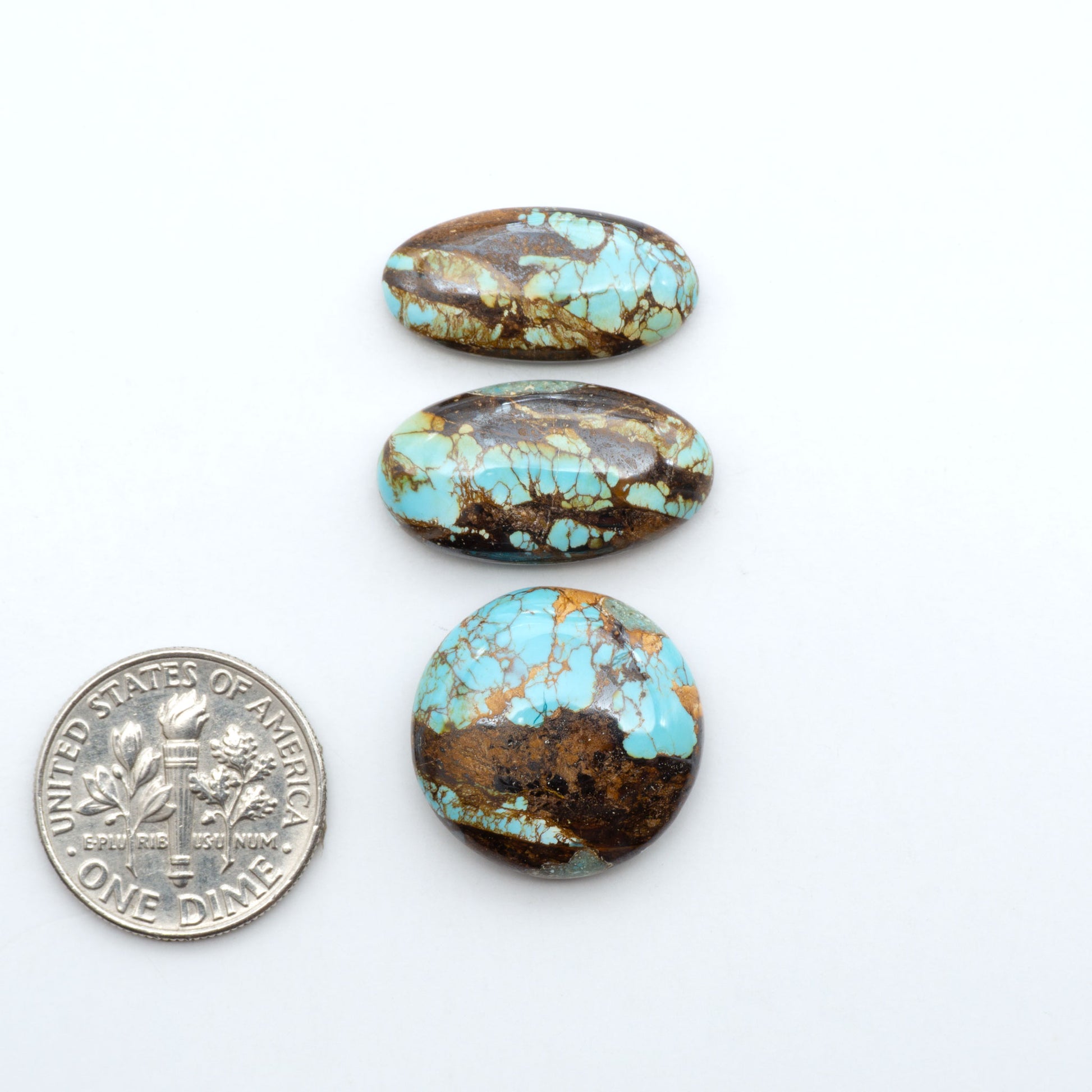 Royston Turquoise cabochons, blue-green color with natural matrix, polished stones on a white background, with a US dime for scale