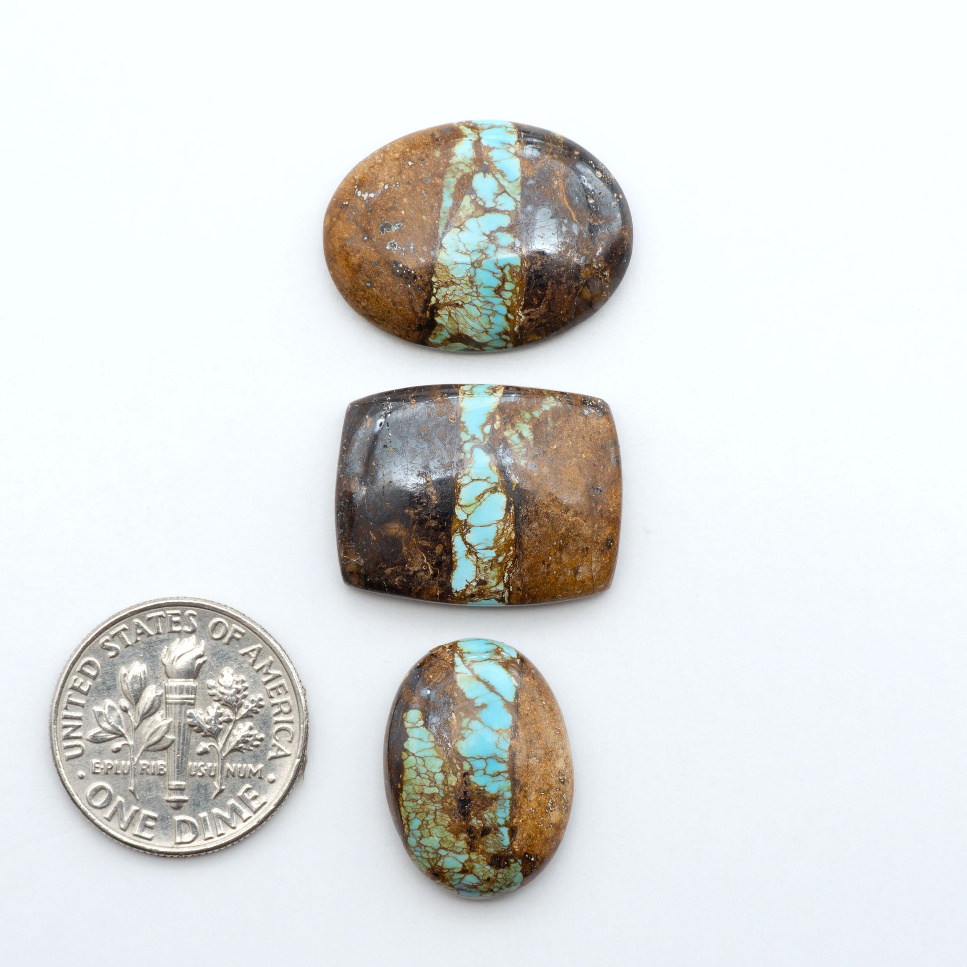 Royston Turquoise cabochons, blue-green color with natural matrix, polished stones on a white background, with a US dime for scale