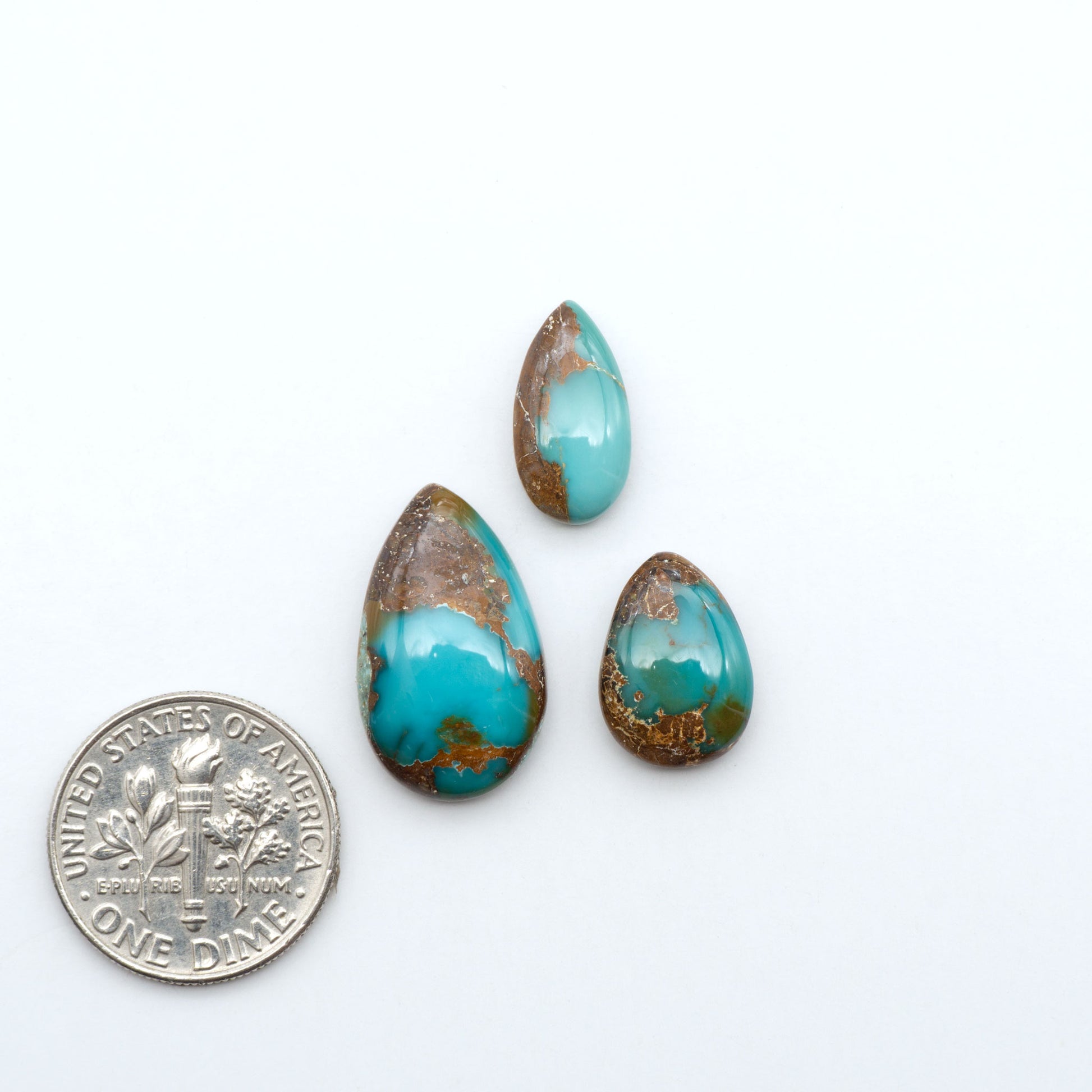 Royston Turquoise cabochons, blue-green color with natural matrix, polished stones on a white background, with a US dime for scale