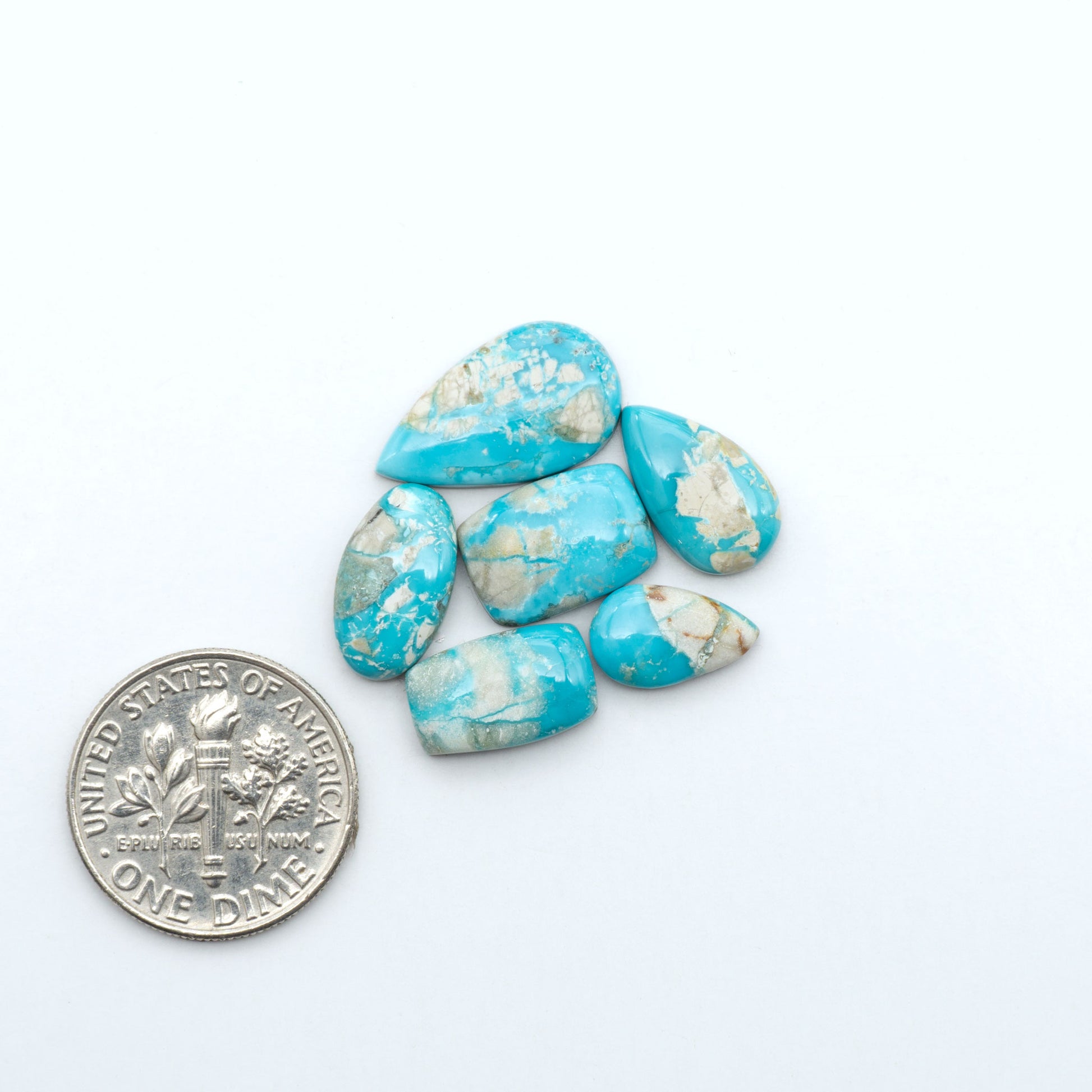 Fox Turquoise cabochons, polished gemstones with natural matrix on a white background, with a US dime for scale