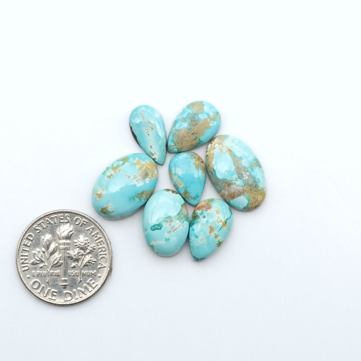 Fox Turquoise cabochons, polished gemstones with natural matrix on a white background, with a US dime for scale