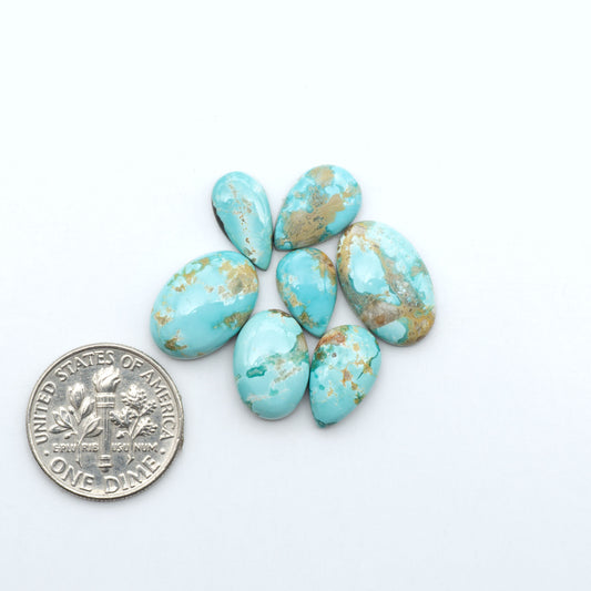 Fox Turquoise cabochons, polished gemstones with natural matrix on a white background, with a US dime for scale