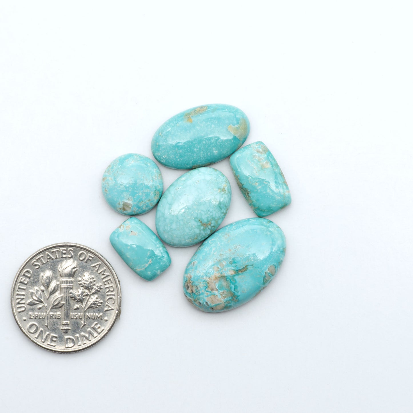 Fox Turquoise cabochons, polished gemstones with natural matrix on a white background, with a US dime for scale