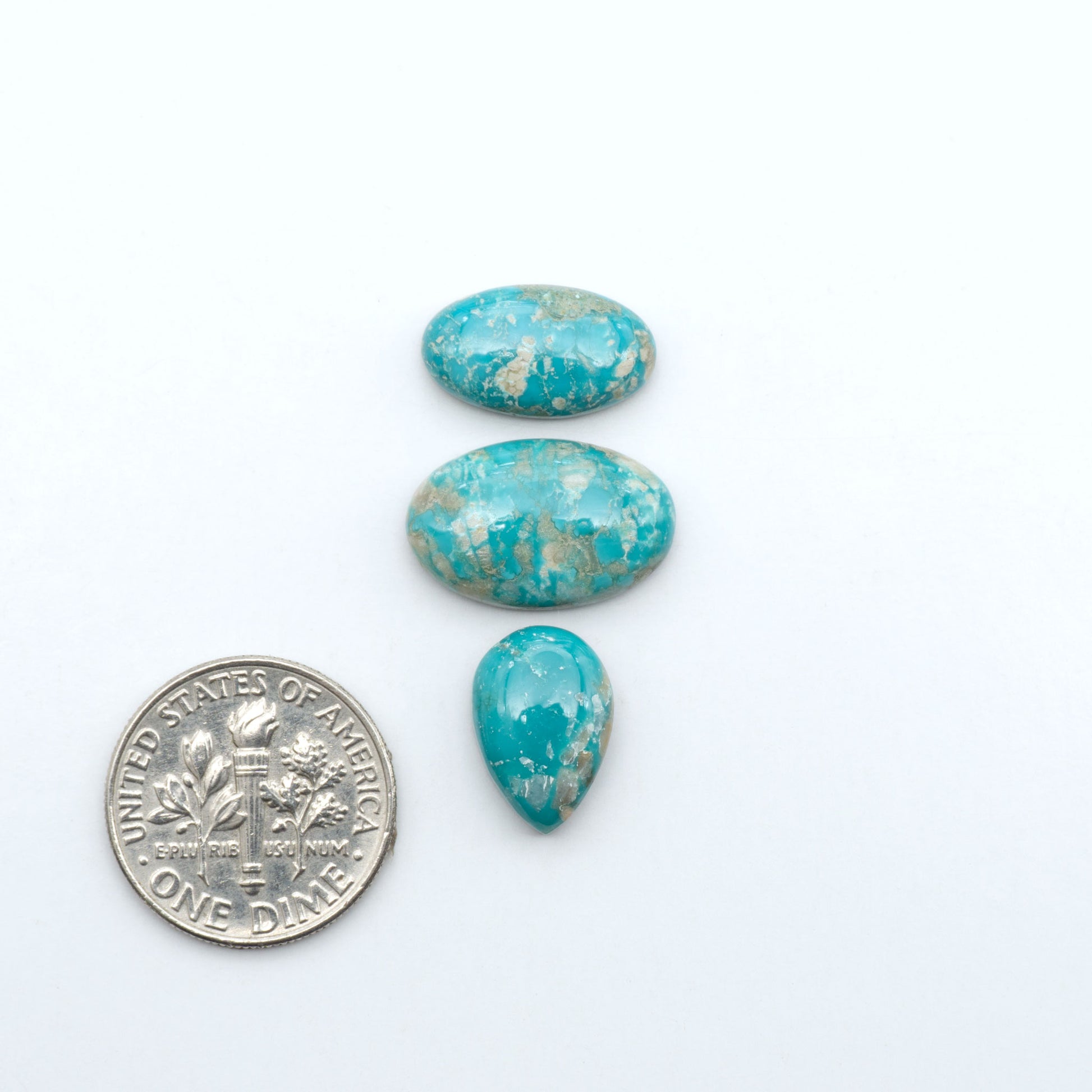 Fox Turquoise cabochons, polished gemstones with natural matrix on a white background, with a US dime for scale